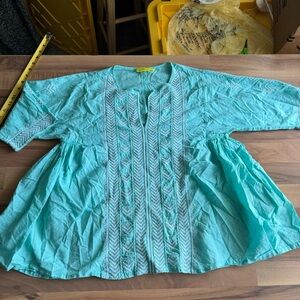 Roberta‎ Roller Rabbit Turquoise Embroidered Cotton Tunic Blouse